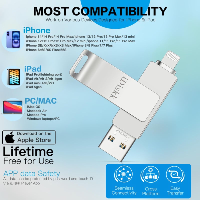 iDiskk 256GB iPhone Photo Storage Stick MFi Certified Flash Drive Photo Stick for iPhone (14/13/12/12 pro/12 pro max/11/11 Pro/XR/X) Flashdrive for iPhone iPad MacBook/Laptops/PC for Photos Videos - Image 5